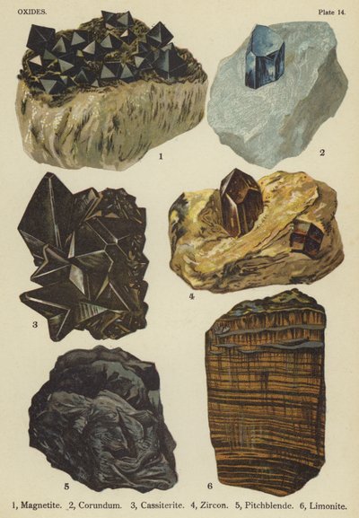 Oxidy, magnetit, korund, kasiterit, zirkon, smolinec, limonit (barevná litografie) od English School