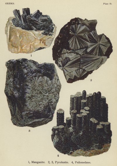 Ještěrky, Manganit, Pyrolisite, Psilomelan (barevný kámen) od English School
