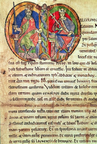 Stránka z Charty Kelso Abbey s iluminovanou iniciálou zobrazující krále Davida I. (1084-1153) a jeho vnuka Malcolma IV. (1141-65) 1159 (vellum) od English School