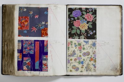 Stránky z knihy vzorků textilu, ručně anotované datovým rozsahem 1887-94 (pero a inkoust a textil na papíře) od English School