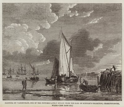 Obraz od Vandevelde, jeden z obrazů nedávno ukradených ze sbírky hraběte ze Suffolku, Charlton-House, Wilts (rytina) od English School