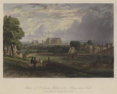 Palace of St James, Westminster Abbey and Hall, Londýn (barevná rytina) od English School
