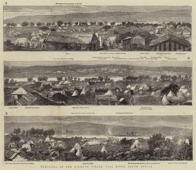 Panorama diamantových polí, řeka Vaal, Jižní Afrika (rytina) od English School
