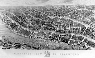 Panoramatický pohled na Liverpool podle akvarelu od Ackermana, 1847 od English School