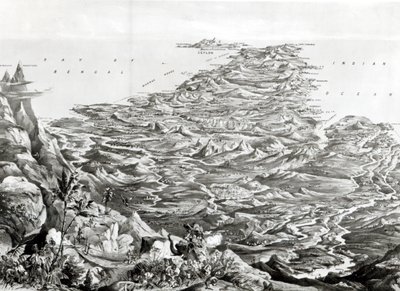 Panoramatický pohled na Indii z pohoří Himaláje, navržený T. Packerem, 1857 od English School