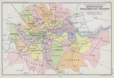 Parlamentní zastoupení, metropolitní parlamentní obvody (barevná litografie) od English School