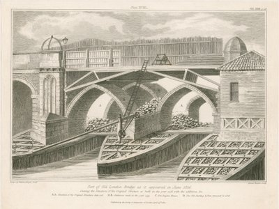 Část Old London Bridge, jak to vypadalo v červnu 1826 od English School