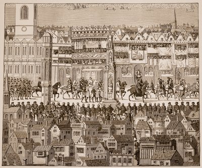 Část korunovačního průvodu Edwarda VI., 1547, po akvarelu ze 16. století (sépiová fotografie) od English School