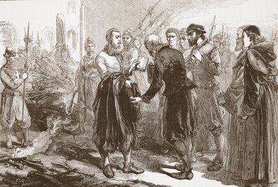 Rozloučení Patricka Hamiltona s jeho přáteli na hranici, ilustrace z Historie protestantismu od Jamese Aitkena Wylie (1808-1890), hospoda. 1878 od English School