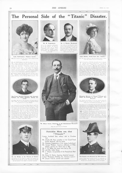 Cestující na RMS Titanic, fotografie a informace o pozoruhodných lidech spojených s Titanicem, z The Sphere, 27. dubna 1912 od English School