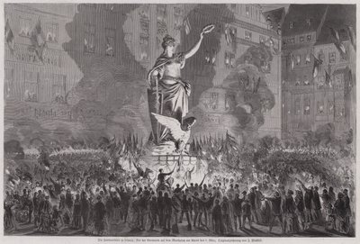 Mírové oslavy před sochou Germania na náměstí v Lipsku, Německo, večer 5. března 1870 (rytina) od English School