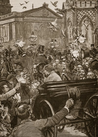 "Peace with honour", přijetí lorda Beaconsfielda a lorda Salisburyho na Charing Cross, ilustrace z "Cassell