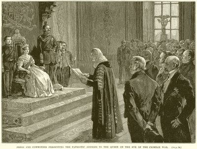 Peers a Commoners představující vlastenecký projev ke královně v předvečer krymské války od English School