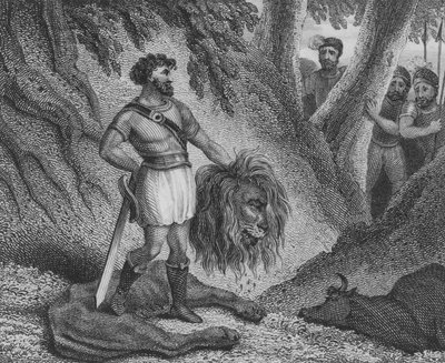 Pepin Krátký, král Franků, dokazuje, že jeho postavení není překážkou jeho schopnosti vládnout zabitím lva od English School