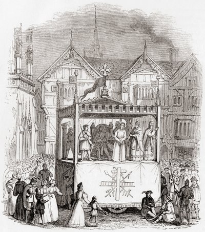 Představení pašijové hry z 15. století - Proces a ukřižování Krista - v podání Smithovy společnosti z Coventry ze staré Anglie: A Pictorial Museum, pub. 1847 od English School