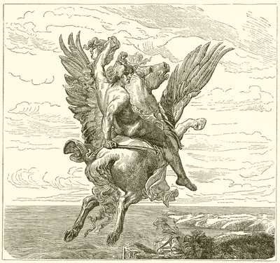 Perseus na okřídleném koni Pegasus s hlavou Medúzy od English School