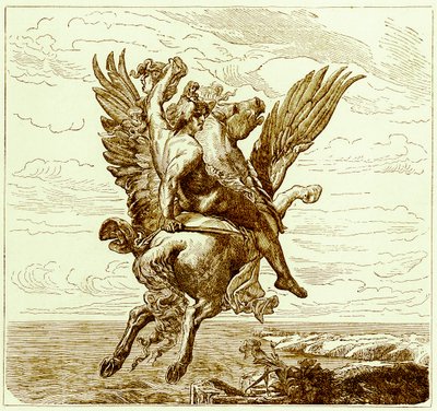 Perseus na okřídleném koni Pegas, s hlavou Medusy, ilustrace z Ilustrované historie světa, publikované kolem roku 1880 (digitálně vylepšený obrázek) od English School
