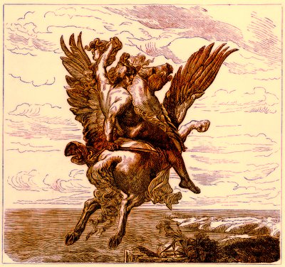 Perseus na okřídleném koni Pegas, s hlavou Medusy, ilustrace z Ilustrované historie světa, publikované kolem roku 1880 (digitálně vylepšený obrázek) od English School
