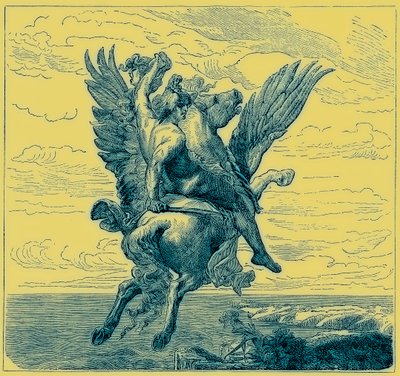 Perseus na okřídleném koni Pegasus s hlavou Medúzy, ilustrace z „Ilustrované historie světa“, publikované kolem roku 1880 (digitálně vylepšený obrázek) od English School