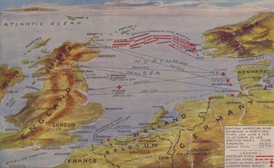 Perspektivní mapa s vyznačením polohy minového zátarasu v Severním moři, dějiště hlavních námořních akcí a německých námořních základen (barevná litografie). od English School