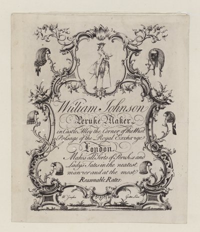 Výrobce Peruke, William Johnson, vizitka od English School