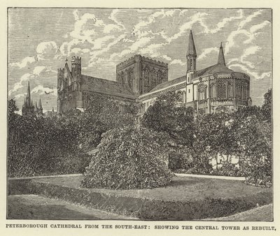 Peterboroughská katedrála z jihovýchodu, zobrazující přestavěnou Central Tower od English School