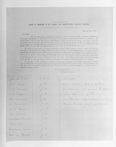 Petice ředitelům společnosti London and North-Western Railway jménem zaměstnance propuštěného kvůli zhoršenému zraku, 1861 od English School