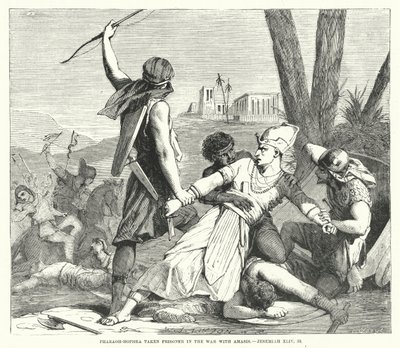 Pharaoh-Hophra zajat ve válce s Amasisem, Jeremiáš XLIV, 30 (rytina) od English School