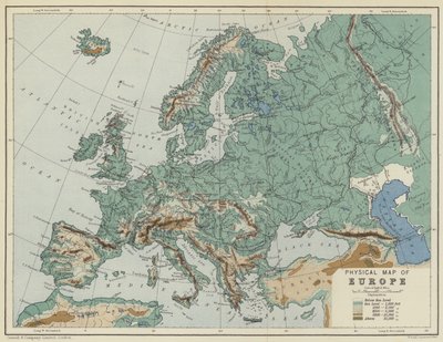 Fyzická mapa Evropy (barevná litografie) od English School