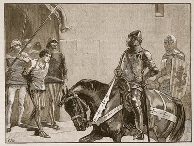 Piers Gaveston před hrabětem z Warwicku, ilustrace z Cassells Illustrated History of England (sépiová fotografie) od English School