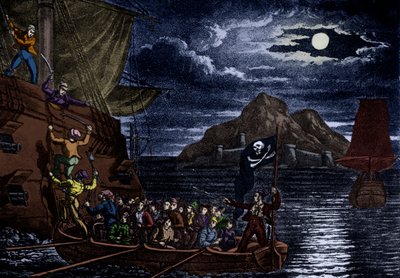 Piráti nastupující na španělskou loď, Západní Indie, ilustrace z knihy "Dějiny a životy nejznámějších pirátů". od English School