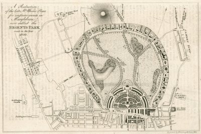 Plán úprav v londýnské čtvrti Marylebone, nyní nazývané Regents Park, z roku 1809. od English School