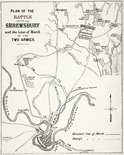 Plán bitvy u Shrewsbury, 21. července 1403, z „Národní a domácí historie Anglie“ od Williama Hickmana Smith Aubrey (1858-1916), publikovaný v Londýně, kolem roku 1890 od English School