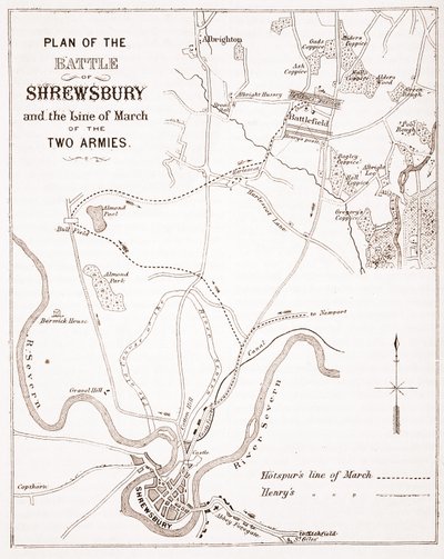 Plán bitvy u Shrewsbury a linie pochodu dvou armád od English School