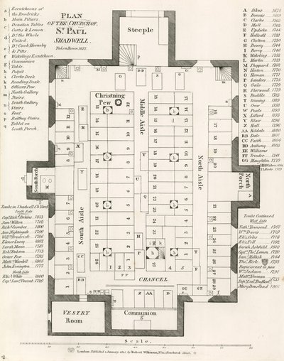 Plán kostela svatého Pavla v Shadwellu v Londýně z roku 1817 od English School