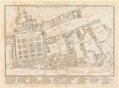 Plán paláce Whitehall, pořízený za vlády Karla II, 1680 od English School