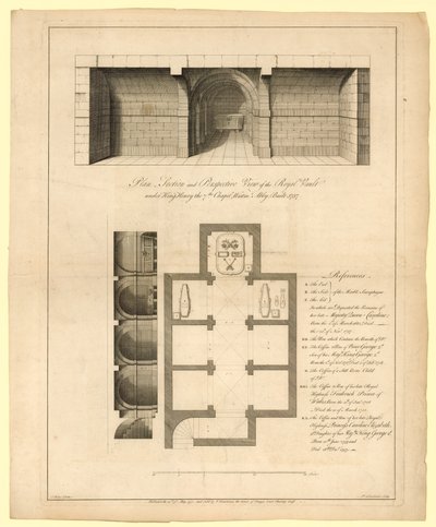 Plán královského trezoru pod kaplí krále Jindřicha VII., Westminsterské opatství, postaveno v roce 1737 od English School