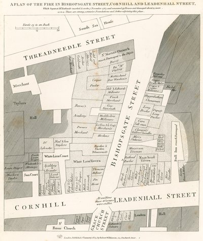 Plán požáru v Bishopsgate Street, Cornhill a Leadenhall Street, Londýn, který začal 7. listopadu 1765 od English School