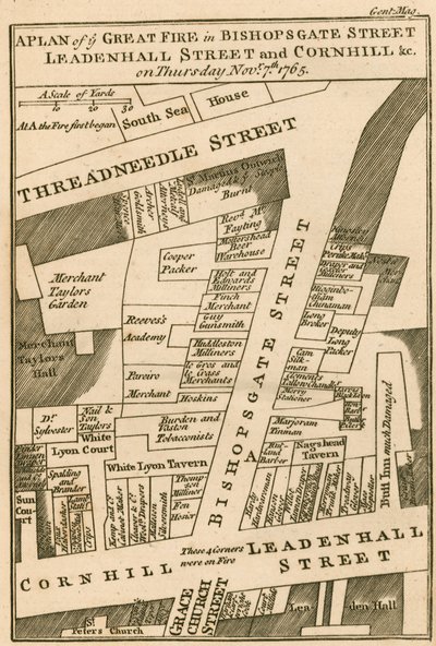 Plán požáru v Bishopsgate Street, Cornhill a Leadenhall Street, Londýn, který začal 7. listopadu 1765 od English School