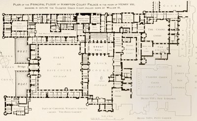 Plán hlavního patra paláce Hampton Court, jak tomu bylo za vlády krále Jindřicha VIII., z Historie paláce Hampton Court v Tudor Times od Ernesta Lawa, vydáno v Londýně 1885 od English School