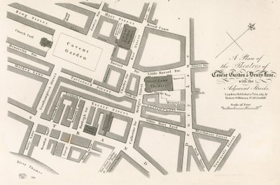 Plán divadel Covent Garden v Londýně od English School