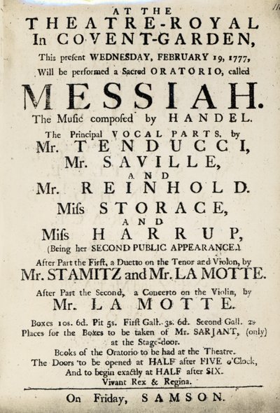 Playbill inzerující představení Händelova oratoria, „Mesiáš“ v roce 1777 (tištěný papír) od English School