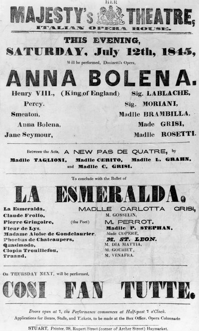 Playbill pro divadlo Jejího Veličenstva, Italská opera, 1845 (tištěný papír) od English School