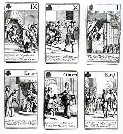 Hrací karty zobrazující události ze španělské armády, 1699 od English School