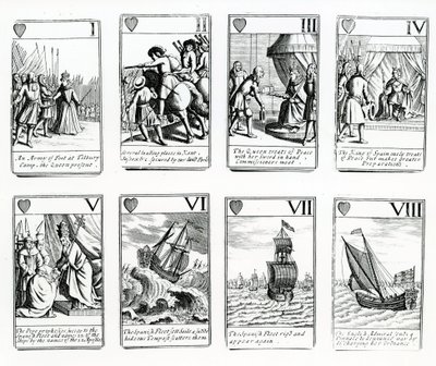 Hrací karty zobrazující události ze španělské armády, 1699 od English School