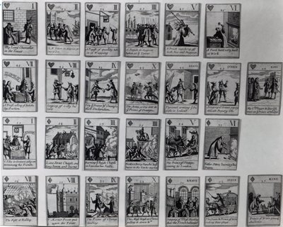 Hrací karty zobrazující epizody ze slavné revoluce z let 1688-89, kolem roku 1689 od English School