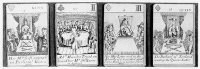 Hrací karty zobrazující události na počátku vlády královny Anny ze sady připomínající válku o španělské dědictví (1702-13) od English School