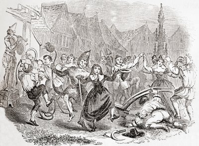 Oslavy Pluhového pondělí, tanec Bessie a klauna ze staré Anglie: , vyd.: Old Old Old Museum, A Pictorial Museum, pub. 1847 od English School