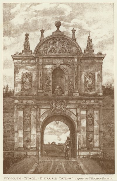 Plymouthská citadela, vstupní brána (litho) od English School