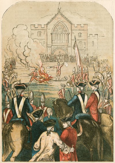 Politické noviny, zvané „Constitutional Queries“, spálené obyčejným oběšencem, 1751 od English School